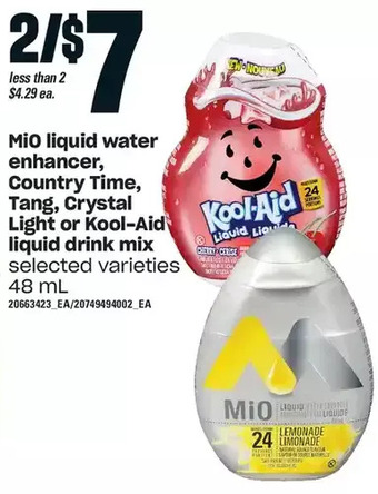 Loblaws Mio liquid water enhancer, country time, tang, crystal light or kool-aid liquid drink mix offer