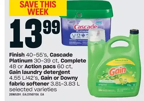 Loblaws Finish, cascade platinum, complete or action pacs, gain laundry detergent, gain or downy fabric softener offer