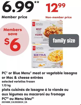 Independent Grocer Pc or blue menu meat or vegetable lasagna or mac & cheese entrees offer