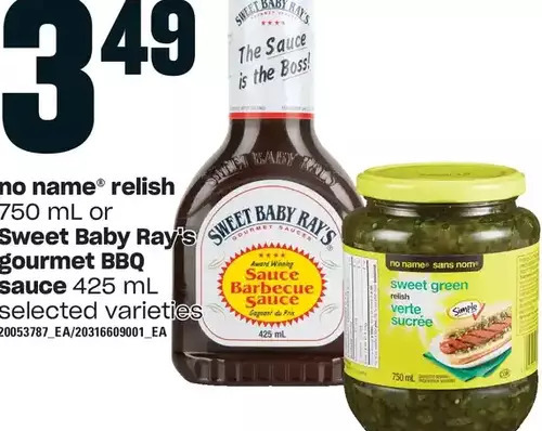Independent Grocer No name relish or sweet baby ray's gourmet bbq sauce offer