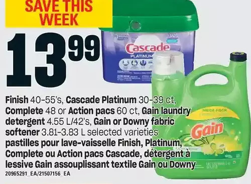 Independent Grocer Finish, cascade platinum, complete or action pacs, gain laundry detergent, gain or downy fabric softener offer
