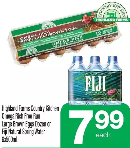Highland Farms Highland farms country kitchen omega rich free run large brown eggs dozen or fiji natural spring water offer