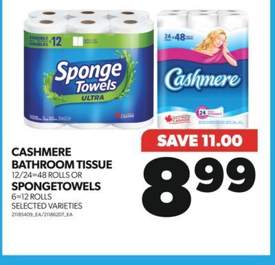 Real Canadian Superstore Cashmere bathroom tissue, 12/24=48 rolls or spongetowels, 6=12 rolls offer