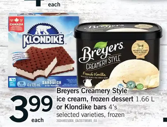 Fortinos Breyers creamery style ice cream, frozen dessert or klondike bars offer