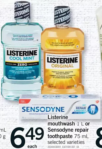 Fortinos Listerine mouthwash or sensodyne repair toothpaste offer