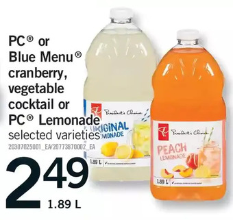 Fortinos Pc or blue menu cranberry, vegetable cocktail or pc lemonade offer