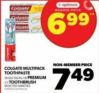Real Canadian Superstore COLGATE MULTIPACK TOOTHPASTE 3X120/150 ML OR PREMIUM 2'S TOOTHBRUSH offer