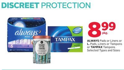 Rexall Always pads or liners or l. pads, liners or tampons or tampax tampons offer
