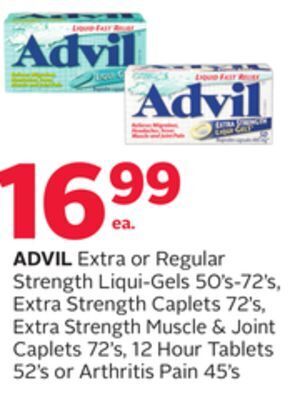Rexall Advil extra or regular strength liqui-gels 50' s-72' s, extra strength caplets 72' s, extra strength muscle & joint caplets 7 offer