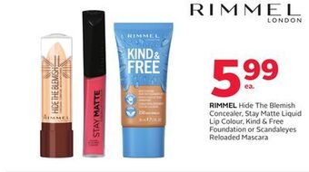 Rexall Rimmel hide the blemish concealer, stay matte liquid lip colour, kind & free foundation or scandaleyes reloaded mascara offer