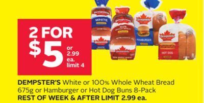 Rexall Dempster's white or 100% whole wheat bread 675g or hamburger or hot dog buns 8-pack offer