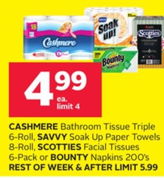 Rexall Cashmere bathroom tissue triple 6-roll, savvy soak up paper towels 8-roll, scotties facial tissues 6-pack or bounty napkins 2 offer