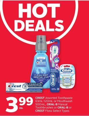 Rexall Crest assorted toothpaste 63ml-120ml or mouthwash 500ml, oral-b manual toothbrushes or oral-b or crest floss offer