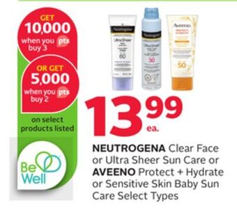 Rexall Neutrogena clear face or ultra sheer sun care or aveeno protect + hydrate or sensitive skin baby sun care offer