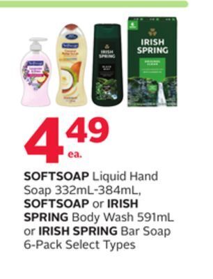 Rexall Softsoap liquid hand soap 332ml-384ml, softsoap or irish spring body wash 591ml or irish spring bar soap 6-pack offer