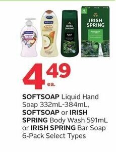 Rexall SOFTSOAP Liquid Hand Soap 332mL-384mL, SOFTSOAP or IRISH SPRING Body Wash 591mL or IRISH SPRING Bar Soap 6-Pack offer