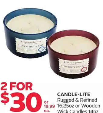 Rexall Candle-lite rugged & refined or wooden wick candles offer
