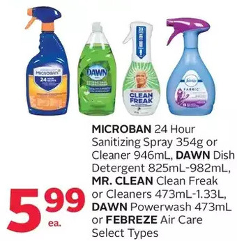 Rexall Microban 24 hour sanitizing spray or cleaner, dawn dish detergent, mr. clean clean freak or cleaners, dawn powerwash or febre offer
