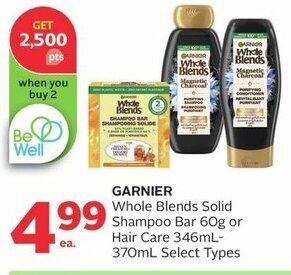Rexall GARNIER Whole Blends Solid Shampoo Bar 60g or Hair Care 346mL-370mL offer
