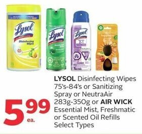 Rexall LYSOL Disinfecting Wipes 75's-84's or NeutraAir 283g-350g or AIR WICK Essential Mist, Freshmatic or Scented Oil Refills offer