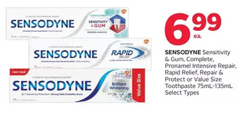Rexall Sensodyne sensitivity & gum, complete, pronamel intensive repair, rapid relief, repair & protect or value size toothpaste offer