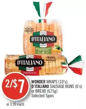 Shoppers Drug Mart Wonder wraps, d'italiano sausage buns or bread offer