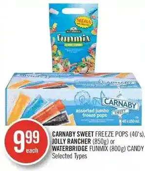 Shoppers Drug Mart Carnaby sweet freeze pops, jolly rancher or waterbridge funmix candy offer