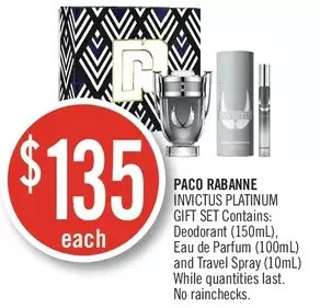 Shoppers Drug Mart Paco rabanne invictus platinum gift set: deodorant, eau de parfum and travel spray offer