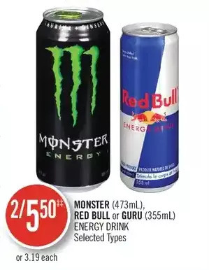 Shoppers Drug Mart Monster, red bull or guru energy drink offer