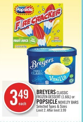 Shoppers Drug Mart Breyers classic frozen dessert (1.66l) or popsicle novelty bars offer