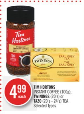 Shoppers Drug Mart Tim hortons instant coffee (100g), twinings (20's) or tazo (20's - 24's) tea offer