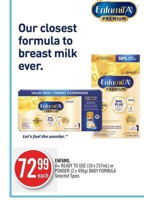 Shoppers Drug Mart Enfamil a+ ready to use (18 x 237ml) or powder (2 x 496g) baby formula offer
