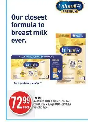 Shoppers Drug Mart Enfamil a+ ready to use (18 x 237ml) or powder (2 x 496g) baby formula offer
