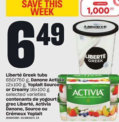 Independent City Market Contenants de yogourt grec liberté, activia danone, source ou crémeux yoplait, 650/750 g, 12x100 g, 16x100 g offer