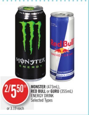 Shoppers Drug Mart Monster (473ml), red bull or guru (355ml) energy drink offer