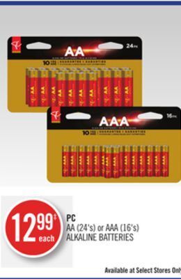 Shoppers Drug Mart Pc aa (24's) or aaa (16's) alkaline batteries offer