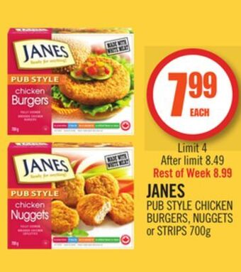Shoppers Drug Mart Janes pub style chicken burgers, nuggets or strips offer