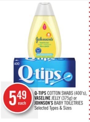 Shoppers Drug Mart Q-tips cotton swabs (400's), vaseline jelly (375g) or johnson's baby toiletries offer