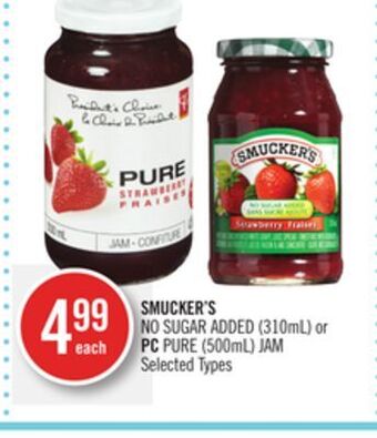 Shoppers Drug Mart Smucker's no sugar added (310ml) or pc pure (500ml) jam offer