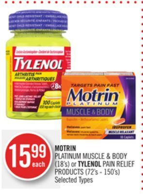 Shoppers Drug Mart Moirin platinum muscle & body (18's) or tylenol pain relief products (72's - 150's) offer