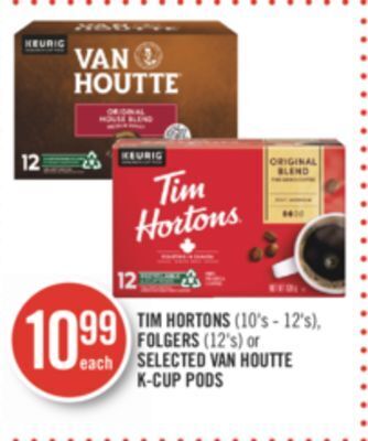 Shoppers Drug Mart Tim hortons (10's - 12's), folgers (12's) or selected van houtte k-cup pods offer