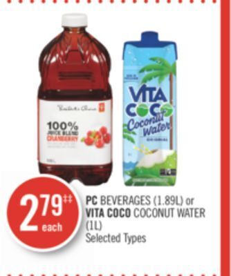 Shoppers Drug Mart Pc beverages (1.89l) or vita coco coconut water (1l) offer