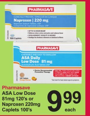 Pharmasave Pharmasave asa low dose 81mg 120's or naproxen 220mg caplets 100's offer