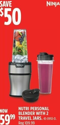 Canadian Tire NINJA NUTRI PERSONAL BLENDER WITH 2 99 TRAVEL JARS offer