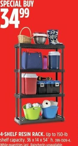 Canadian Tire 4-SHELF RESIN RACK Up to 150-lb shelf capacity 36 x 14 x 54" h offer