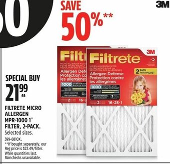 Canadian Tire 3M FILTRETE MICRO ALLERGEN MPR-1000 1 FILTER, 2-PACK offer