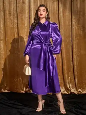 SheIn Shein modely plus lantern sleeve knot front satin shirt dress offer