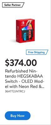Walmart Refurbished nintendo hegskabaa switch - oled model with neon red & neon blue joy-con offer