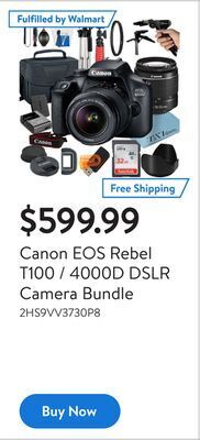 Walmart Canon eos rebel t100 / 4000d dslr camera bundle offer