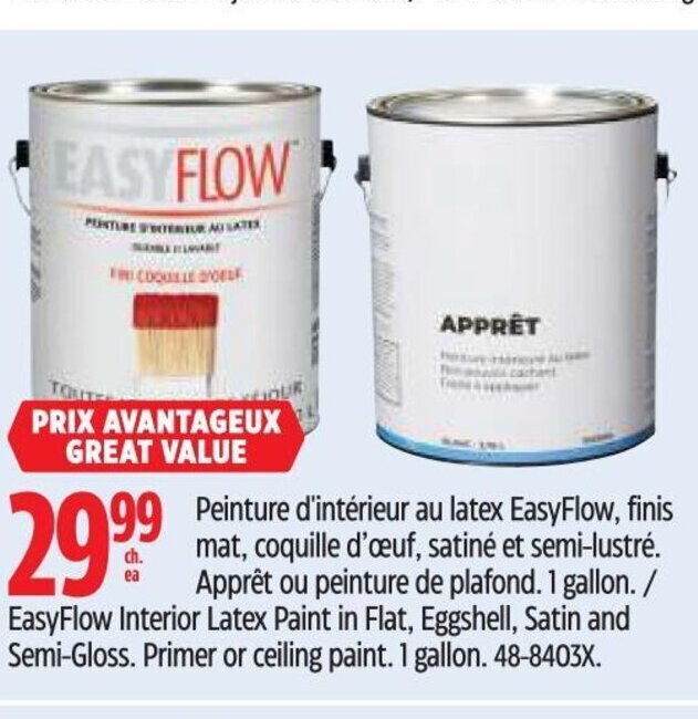 Canadian Tire EasyFlow Interior Latex Paint in Flat, Eggshell, Satin and Semi-Gloss. Primer or ceiling paint. 1 gallon. offer